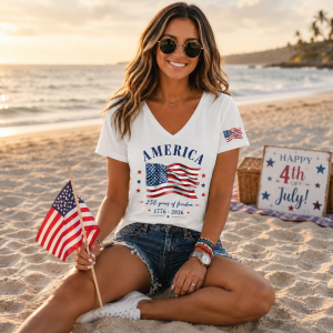 America 1776-2026 Vneck Shirt, America Flag Sleeve Print Vneck, 4th Of July Vneck